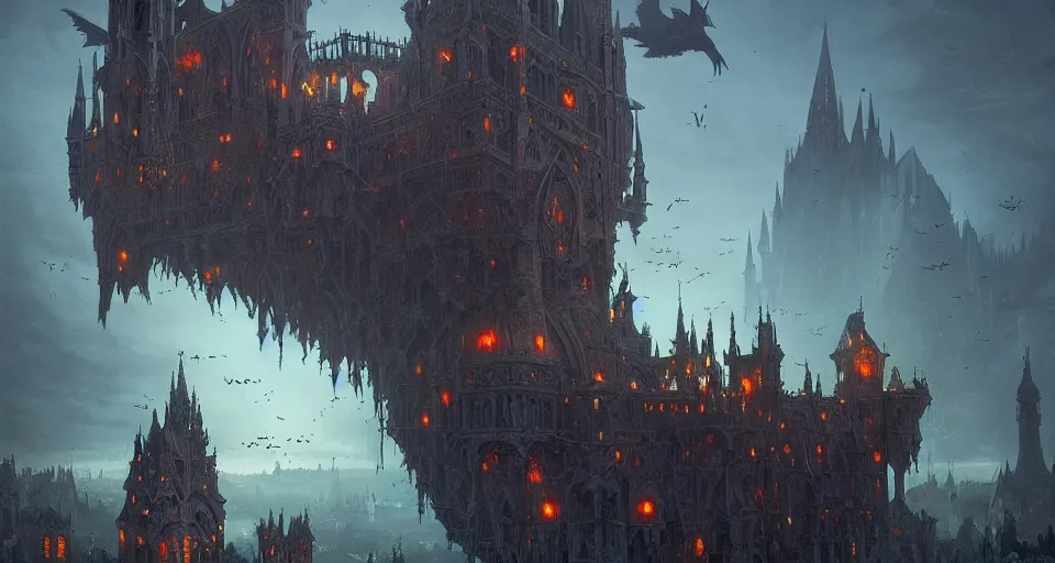 Image similar to floating flying castle with gothic architecture and swarms of tiny black specks, by Greg Rutkowski and Raphael Lacoste and Dan Mumford, detailed, volumetric lighting, swarms of ravens, sorcerous magic, dusk