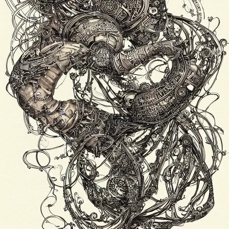 Image similar to ultra realistic illustration of a mermaid cyborg steampunk art nouveau filgree scrollwork, masterpiece, intricate, highly detailed, sharp