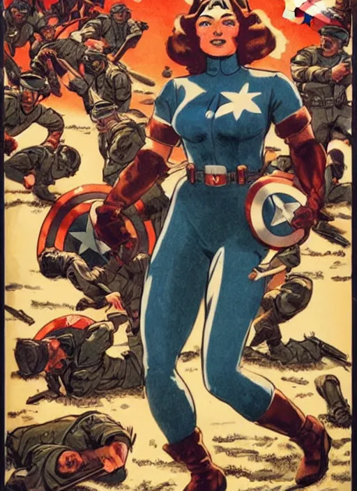 Prompt: beautiful female captain america standing on a pile of defeated, beaten and broken german soldiers. feminist captain america wins wwii. american wwii propaganda poster by james gurney. gorgeous face. overwatch. ralph bakshi