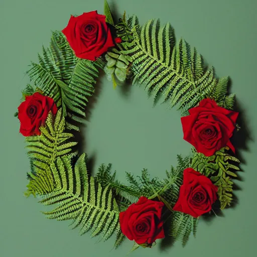 Prompt: a triangular wreath of red, white, and green roses and ferns, photographed against a white background, Kodak Portra 400, 8k