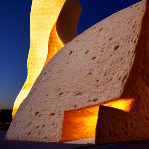 Prompt: a towering impressive building made of bread, cheese, and lunchmeat, dramatic lighting, bokeh, designed by frank gehry