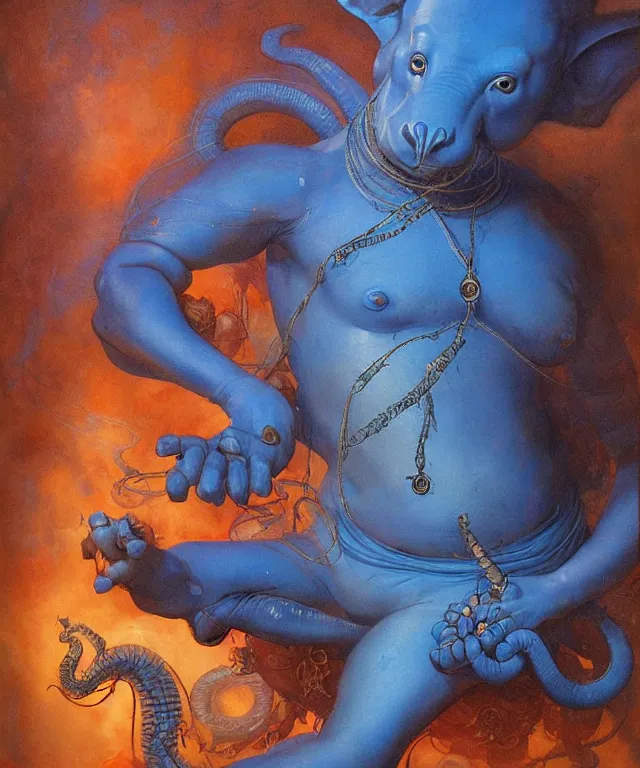 Prompt: blue ganesha with man ’ s body, glowing fiery background, in the style of peter mohrbacher, wayne barlowe, gustav moreau, bussiere, roberto ferri, santiago caruso, luis ricardo falero, austin osman spare, colorful