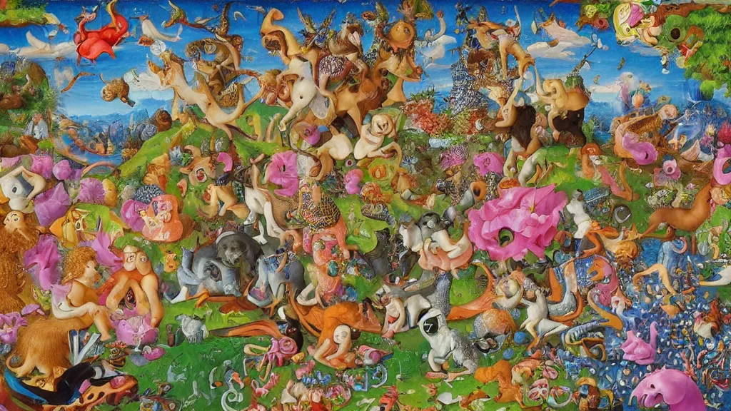 Image similar to an incredibly detailed masterpiece collaborative painting by bosch and lisa frank, ornate, detailed, high resolution, wow!, intricate