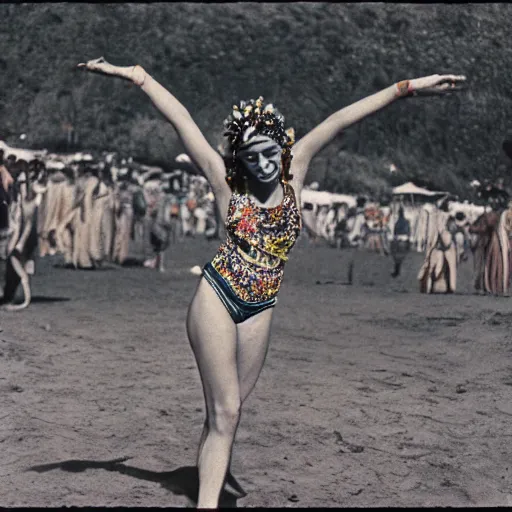 Image similar to expired fuji film photograph portrait of retro psychedelic hippy bikini queen dancing in arambol at shiva valley from 1 9 8 0, hyperrealism, photorealism, imax quality, 8 k