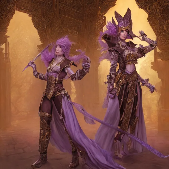 Image similar to d & d bard with her lilac leather armor in a temple, volumetric lighting, fantasy, intricate, elegant, highly detailed, lifelike, photorealistic, digital painting, artstation, fox ears, illustration, concept art, sharp focus, by john collier and albert aublet and krenz cushart and artem demura and alphonse mucha