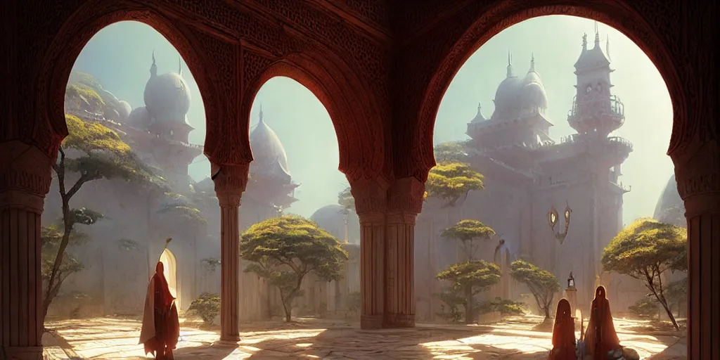 Prompt: moorish architecture, fantasy atmosphere, natural lighting, by greg rutkowski and hayao miyazaki