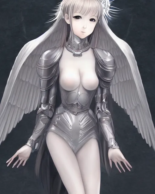 Image similar to range murata, an infinitely detailed portrait of a frail and pale female peace angel elegantly. fully - clothed full - body, beautiful! scenery art!! coherent! by wlop & murata range, victorian armor trim, cold color palette, artstation / pixiv!! elegantly armored angel portrait full - body, dreamy art