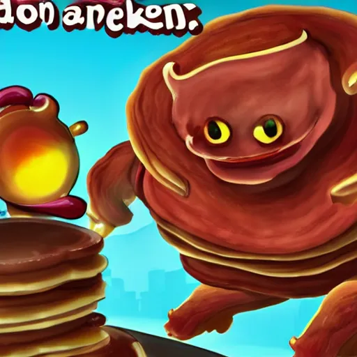 Prompt: a pancake elemental is fighting a bacon elemental