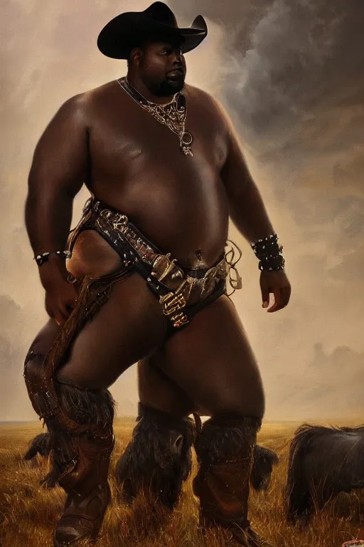 Prompt: a beautiful dramatic epic painting of a chubby thicc black man wearing a cowboy hat and leather harness | background is a herd of wild horses | homoerotic, highly detailed, dramatic lighting | by Mark Maggiori, by William Herbert Dunton, by Charles Marion Russell | trending on artstation