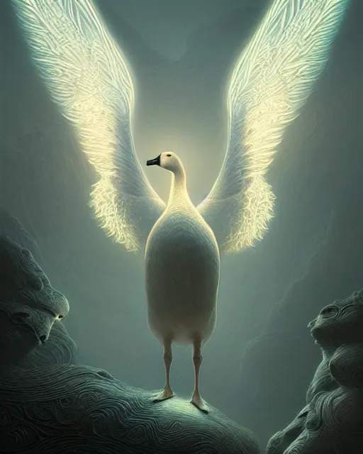 Image similar to complete and delicate portrait of a goose, beautiful, agile, fairy, myth, legend, detailed, trending on artstatioin, light effects, kilian eng, john harris, bastien lecouffe - deharme