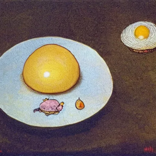 Prompt: toadstool with a ( fried egg )! cap. illustration by beatrix potter