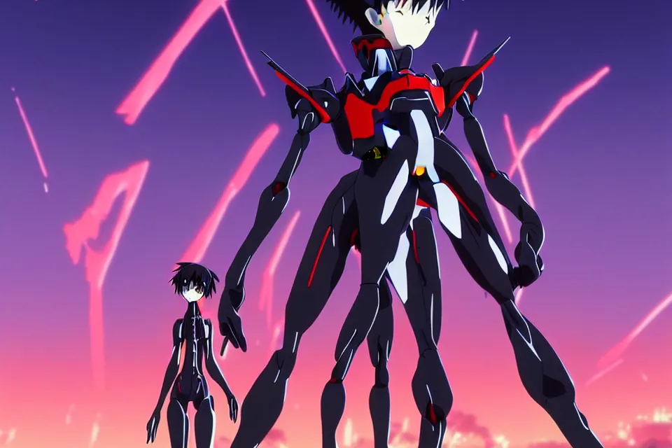 Image similar to anime illustration of black detailed evangelion eva - 0 1 standing menacingly behind ikari shinji, cinematic lighting, evangelion anime poster, rebuild of evangelion 1 0 8 0 p, 9 0 s anime aesthetic, volumetric lights, rule of thirds, unreal engine render, pinterest wallpaper, trending on artstation