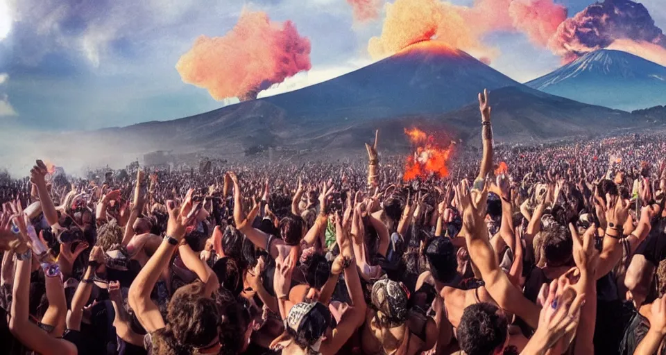 Image similar to mosh pit at edm music festival in pompeii while mount vesuvius is erupting, fresco