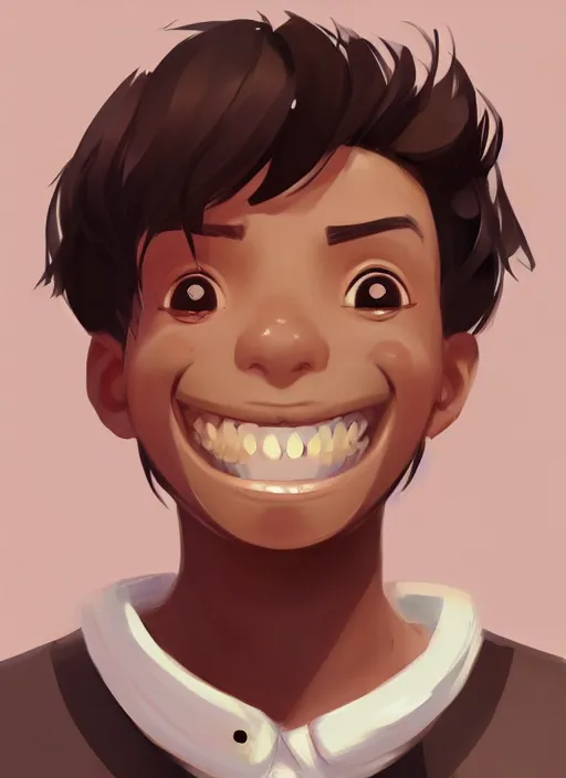 Image similar to young man with a big smile, prominent big eyes, round portruding chin, plump lips, brown flowers, standout colours, sharp, highly detailed, simple lines, digital painting, artstation, concept art, matte, sharp focus, illustration, anime moe artstyle