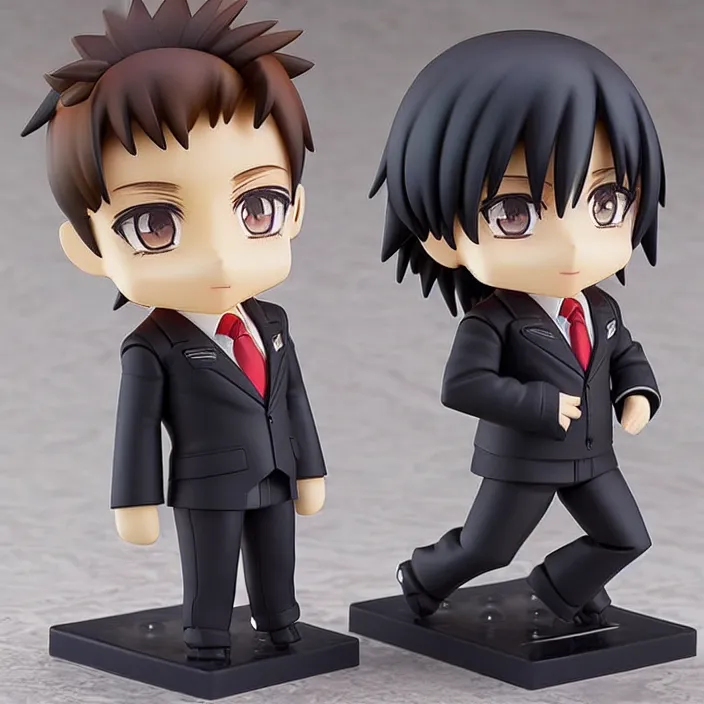 Image similar to a anime nendoroid of elon musk wear giorgio armani suits and black shoe, car tesla 3, figurine, smile, product photo, detailed