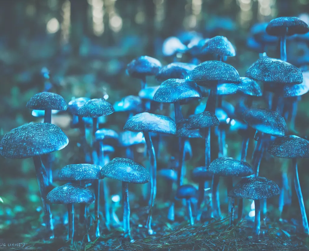 Image similar to blue forest, glowing mushrooms, sigma lens, strong bokeh, photography, highly detailed, 8 5 mm, f / 1. 3