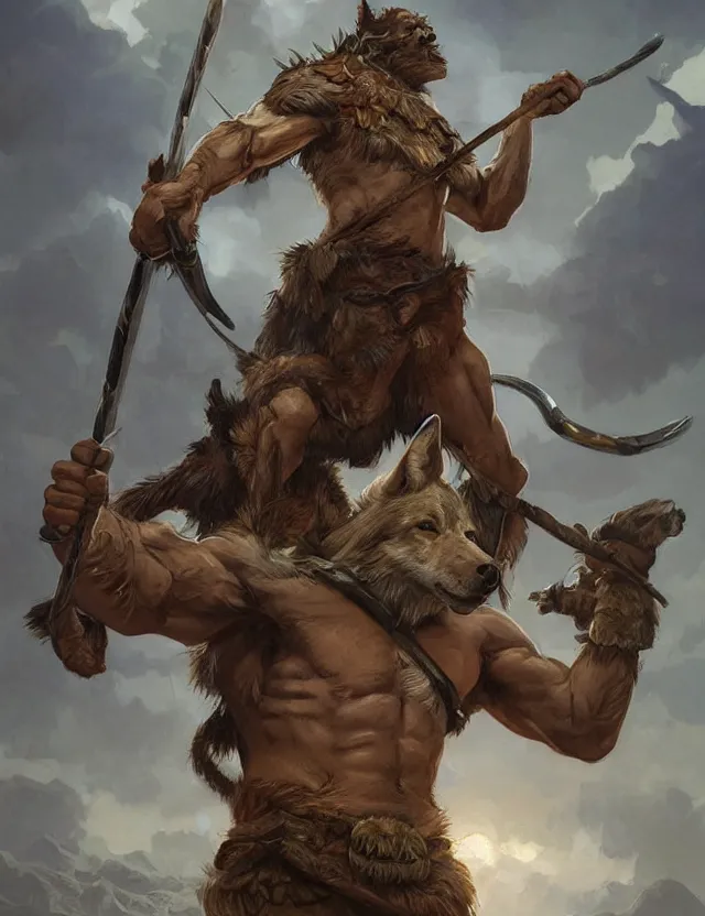 Prompt: portrait of a gruff ranger holding a spear, accompanied by a wolf dog, muscular, upper body, hairy body, D&D, fantasy, intricate, elegant, highly detailed, digital painting, artstation, concept art, matte, sharp focus, illustration, art by Artgerm and Greg Rutkowski and Alphonse Mucha