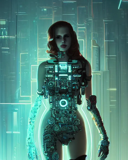 Image similar to portrait of lana del rey as a cyberpunk cyborg. roses, sci - fi, intricate abstract, upper body, intricate artwork, by tooth wu, wlop, beeple, dan mumford. concept art, 8 k octane render, deviantart, greg rutkowski, cinematic, key art, hyperrealism, iridescent accents