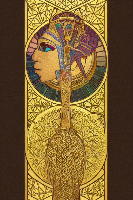 Image similar to thoth, egyptian god, gold jewelry, flower of life, sacred geometry, by Alphonse Mucha, rule of thirds, super detailed, 8k