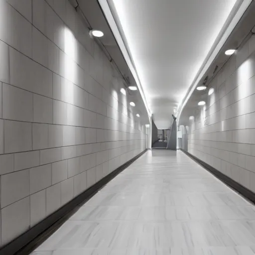 Prompt: photo of a vast interior space of randomly connected corridors, stairs and rooms. ceramic white tiles on all the walls.