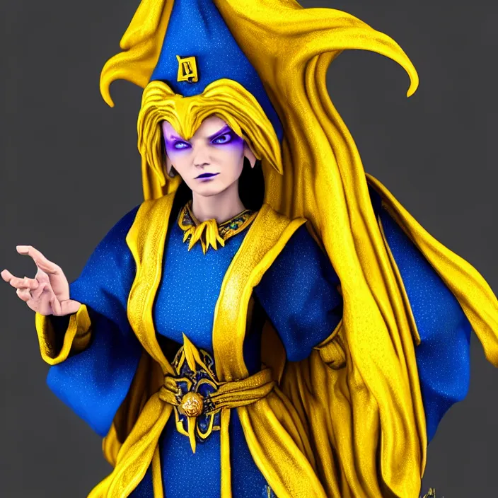 Image similar to photograph of a real - life beautiful!! elemental lightning witch with ornate yellow and blue robes. extremely detailed. 8 k