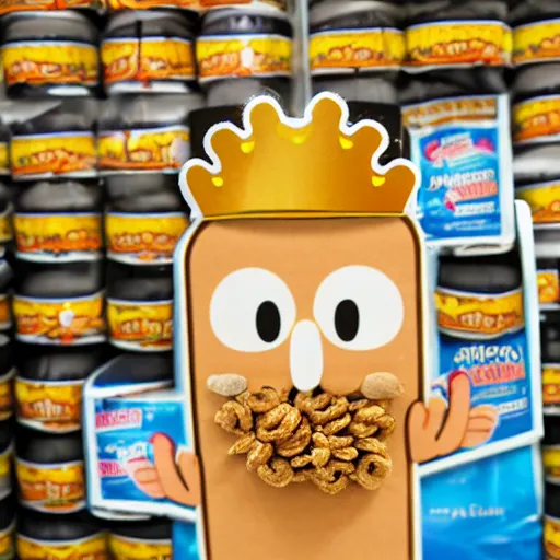 Image similar to cereal box with a wheat mascot wearing a crown