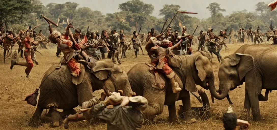 Prompt: a ultra high resolution of the elephant duel of beautiful young warlords who fight on the back of their decorative war elephants in crowd of battlefield, high quality realistic, a colorized photo, colorized, # film, movie still