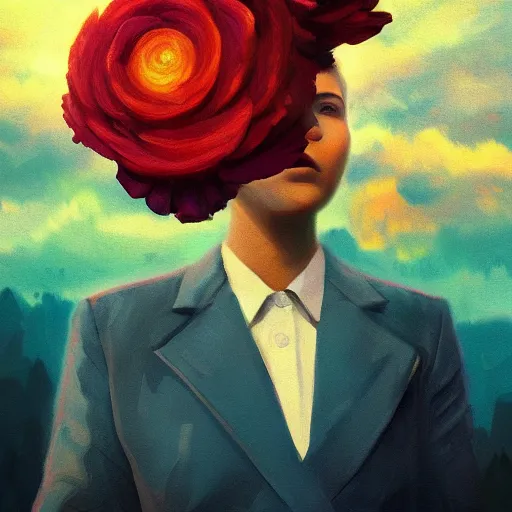 Image similar to closeup, giant rose flower head, frontal, girl in a suit, surreal photography, sunrise, blue sky, dramatic light, impressionist painting, digital painting, artstation, simon stalenhag