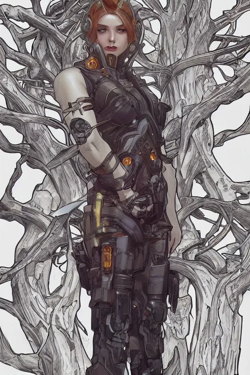 Image similar to comic book illustration, android soldier stands next to the last living tree that has white blossoms and dark wood, cyberpunk concept art by artgerm and Alphonse Mucha and Moebius, highly detailed, intricate, sci-fi, sharp focus, Trending on Artstation HQ, deviantart