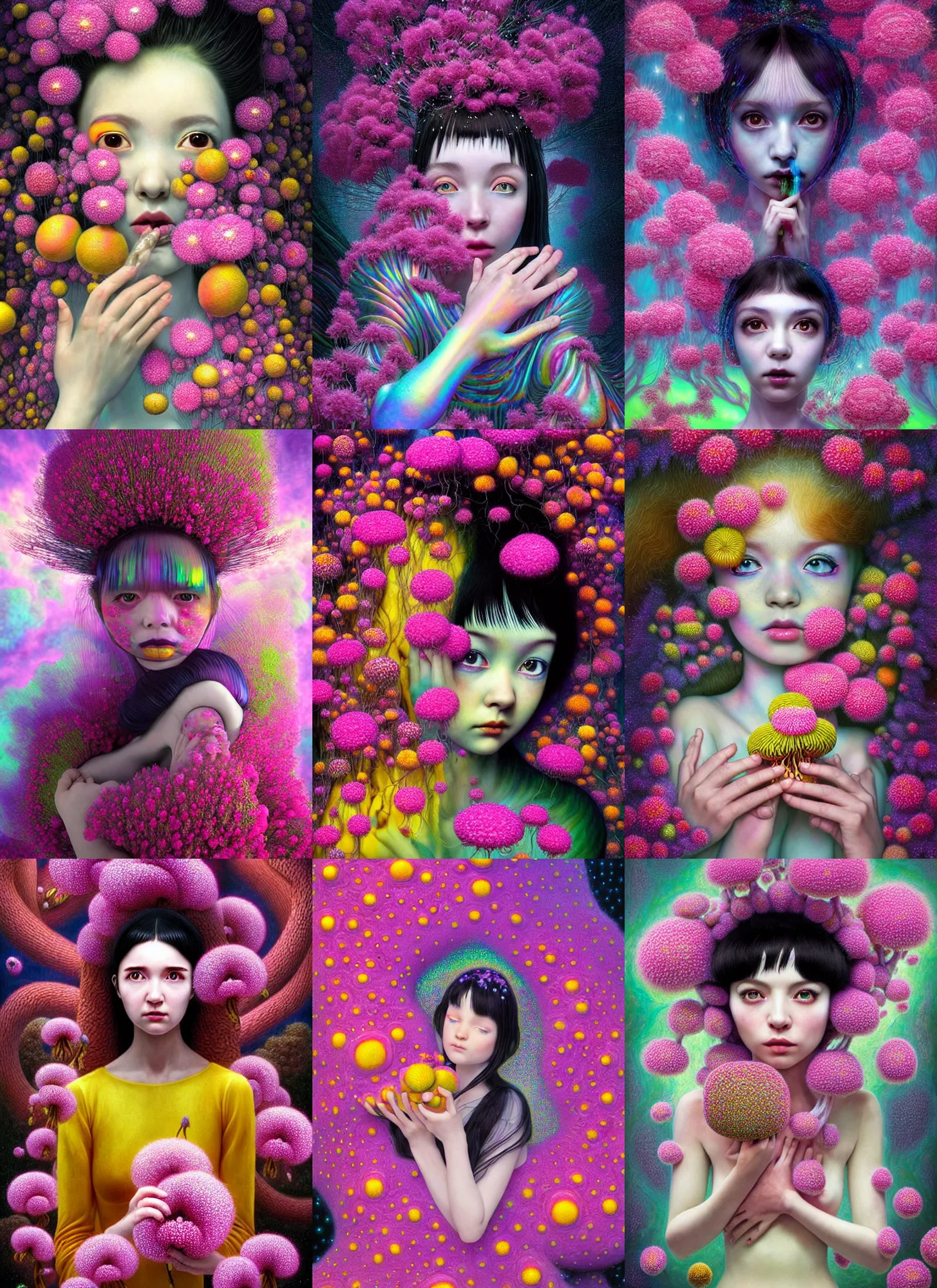 Prompt: hyper detailed 3d render like a Oil painting - kawaii portrait Aurora (black haired Fae) seen shocked and Eating of the Strangling network of yellowcake aerochrome and milky Fruit and Her delicate Hands hold of gossamer polyp blooming blossoms bring iridescent fungal flowers whose spores black the foolish stars by Jacek Yerka, Mariusz Lewandowski, Houdini algorithmic generative render, Abstract brush strokes, Masterpiece, Edward Hopper and James Gilleard, Zdzislaw Beksinski, Mark Ryden, Wolfgang Lettl, hints of Yayoi Kasuma, octane render, 8k