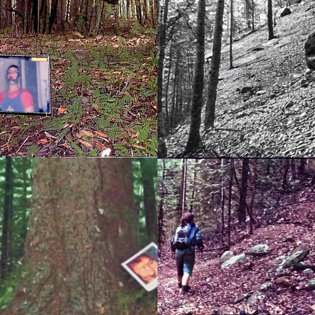 Prompt: A screen capture of found footage video left behind by a missing hiker in 1992. You can see the hiker in the video.