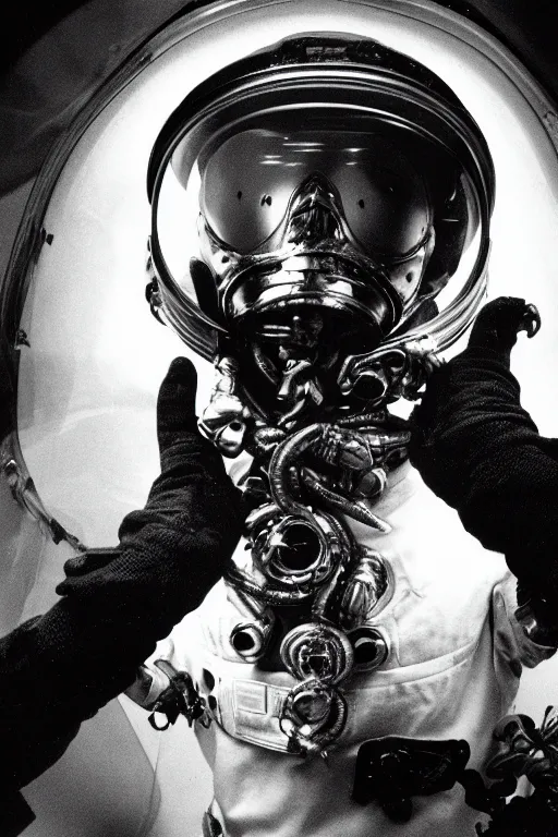 Image similar to extremely detailed studio portrait of space astronaut, alien tentacle protruding from eyes and mouth, slimy tentacle breaking through helmet visor, shattered visor, full body, soft light, disturbing, shocking realization, hyper detailed, award winning photo by letizia battaglia