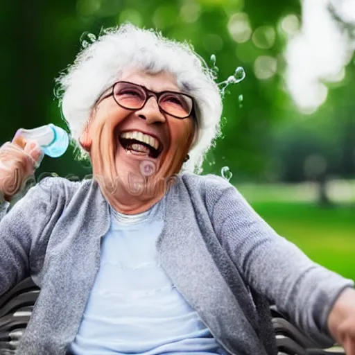 Image similar to an old woman laughing in a park with a thin translucent oxygen tubing under her nose, 4 k, stock photo