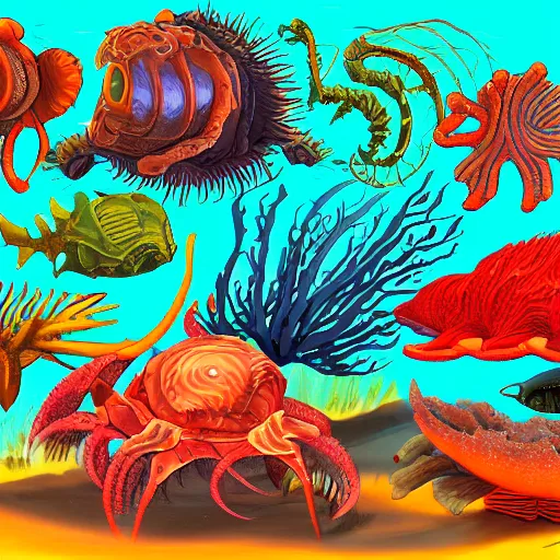 Image similar to concept art painting of cambrian sea creatures, detailed, cel shaded