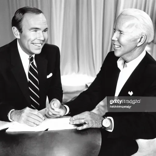 Prompt: Johnny Carson interviewing Joe Biden , getty images