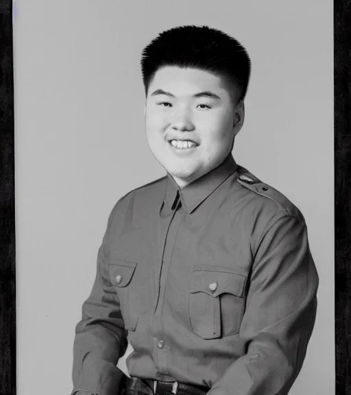 Image similar to a professional portrait of frank zhang, a 1 7 year old chinese - canadian boy with brown eyes, military cut flat top black hair, a warm smile, a chubby, round face, a chubby body, 6'3 height, archer