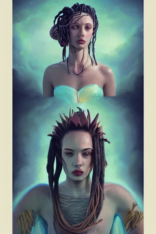 Image similar to portrait of an king queen with dreads snake hair, straight on portrait, by artgerm, tom bagshaw, gerald brom, vaporwave colors, lo fi colors, vaporwave, lo fi, 2 point studio lighting, dramatic lighting, 4 k, hd,