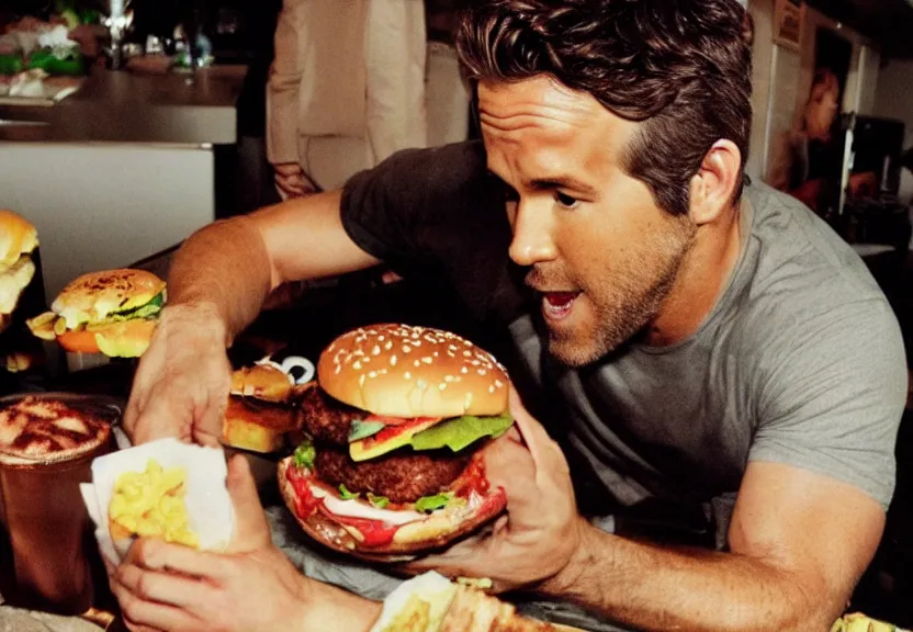 Prompt: a ultra realistic hyper realistic underexposed fujifilm 800 photograph of ryan reynolds being eaten by a burger