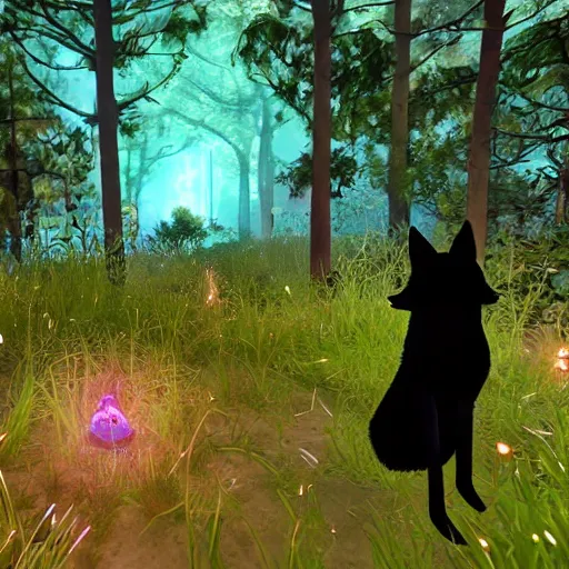 Image similar to a black fox in a majestic fantasy forest at night, fireflies floating about, bioluminescent plants, second life in game screenshot 2022