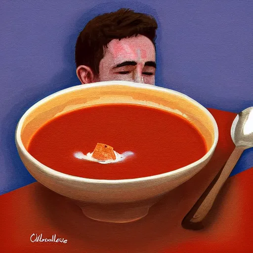 Prompt: Charles leclerc crying into a bowl of tomato soup, digital art, 8k