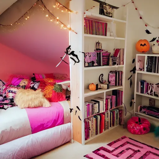 Image similar to a pink and gold bedroom with halloween themed christmas decorations, loft bed, books, throw rug, cushions, gamer, relaxing, real life, high resolution, kawaii