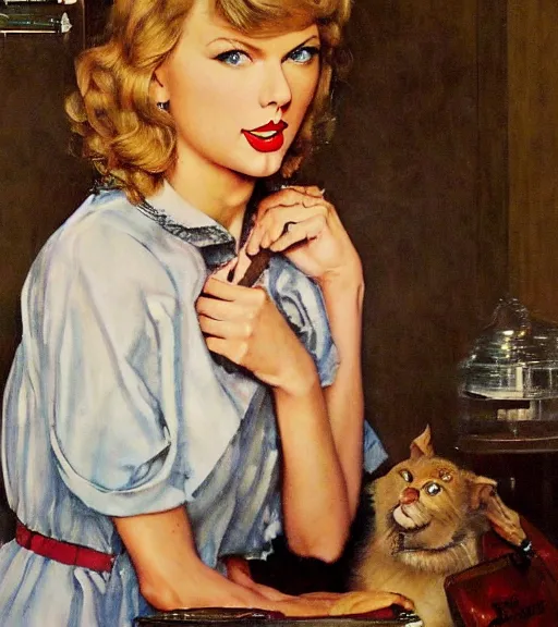 Prompt: taylor swift as a housewife hiding a dark secret, norman rockwell painting, detailed