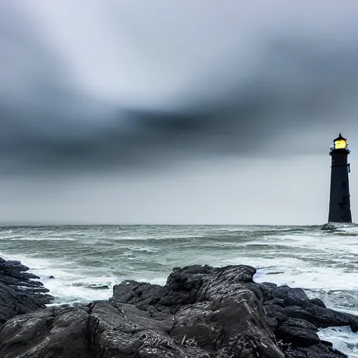 Prompt: stormy ocean at midnight, dark storm clouds overhead, lighthouse in the background concealed by fog