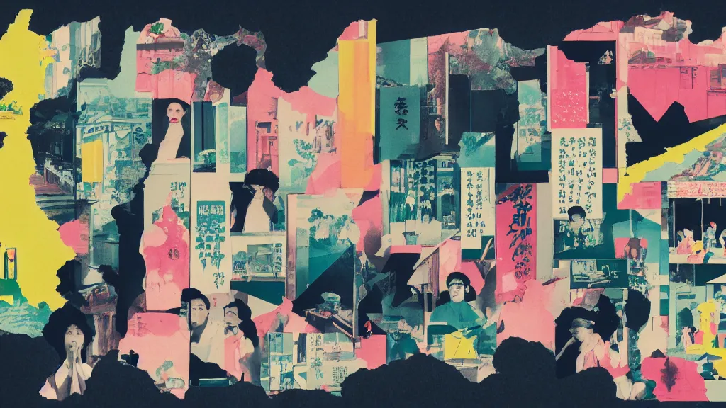 Image similar to japan, a collage painting, in the style of wes anderson, lola dupre, david hockney, isolated on negative white space background dark monochrome neon spraypaint accents volumetric octane render