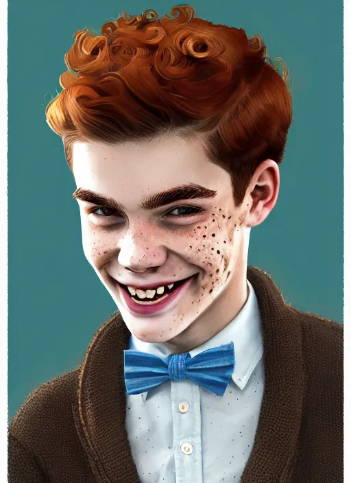 Image similar to portrait of teenage archie andrews, freckles, curly middle part haircut, curly hair, middle part hairstyle, smiling kindly, wearing a bowtie and sweater vest, intricate, elegant, glowing lights, highly detailed, digital painting, artstation, concept art, smooth, sharp focus, illustration, art by wlop, mars ravelo and greg rutkowski