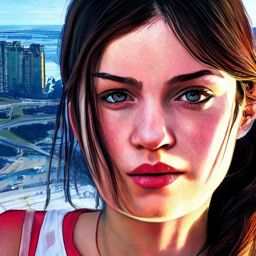 Prompt: high quality high detail girl in the style of gta 5 cover art, photorealistic lighting