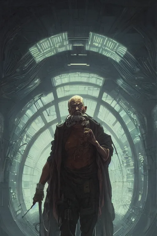 Image similar to cyberpunk old man, augmented, cyborg, movie poster, cinematic lighting, intricate, rugged, highly detailed, digital painting, artstation, smooth, sharp focus, illustration, art by artgerm and greg rutkowski and alphonse mucha and Wayne Barlowe and william-adolphe bouguereau