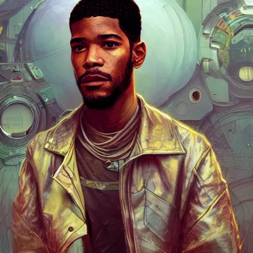 Image similar to scifi character portrait of Kid Cudi, dystopian mood, intricate, wild, highly detailed, digital painting, artstation, concept art, smooth, sharp focus, illustration, art by artgerm and greg rutkowski and alphonse mucha