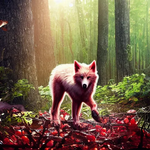 Prompt: a strawberry wolf roaming through the woods of a chocolate tree forest, photorealistic, cinematic