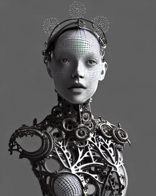 Image similar to monochrome 3 d model, 1 8 7 0 picture, silver mesh floral steampunk biomechanical beautiful young female cyborg with porcelain profile face and a techno eye, volumetric light, leaves foliage and stems, hibiscus flowers, sinuous fine roots, fine foliage lace, alexander mcqueen, rim light, big gothic fashion pearl embroidered collar, octane render, 8 k